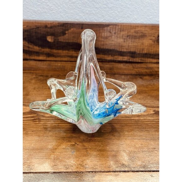 Vintage Murano Pastel Rainbow Swirl Hand Blown Art Glass Basket Bowl - Picture 2 of 5